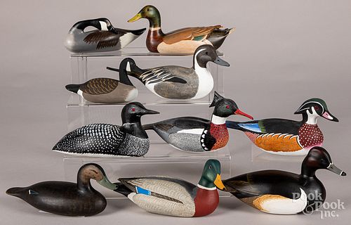 Ten miniature carved and painted duck decoys