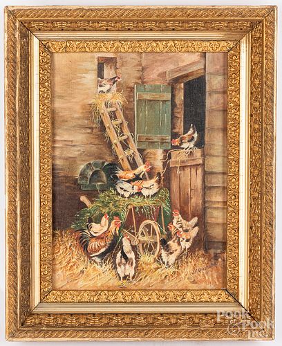 Oil on canvas barnscene with chickens