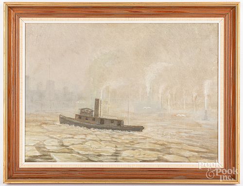 Oil on canvas industrial river scene, early 20th