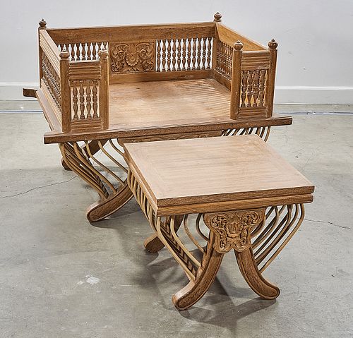 Asian Carved Teak Wood Throne-Like Chair and Stool