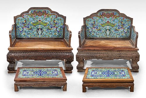 Pair Large Chinese Cloisonne and Carved Wood Thrones with Stools