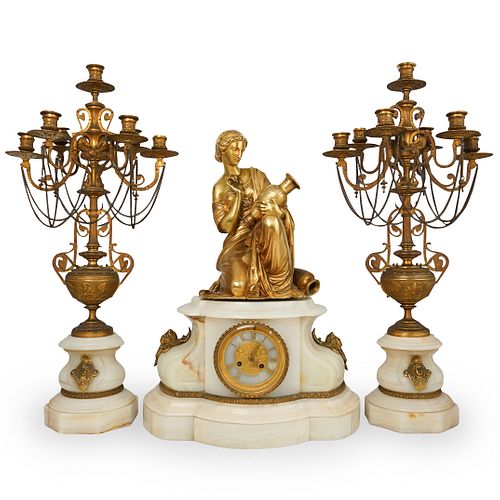 F Gautier & J Albinet Dore Bronze Clock Garniture Set