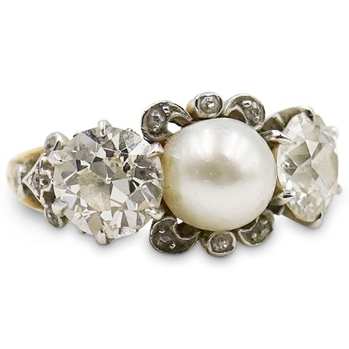 18k Gold, Natural Pearl and Diamond Ring