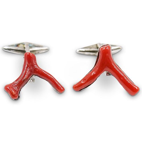 Sterling and Coral Inlaid Cufflinks