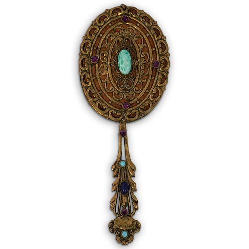 Miniature Gilt Brass and Semi Precious Stone Hand Mirror