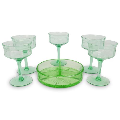 (6 Pc) Etched Green Glass Set