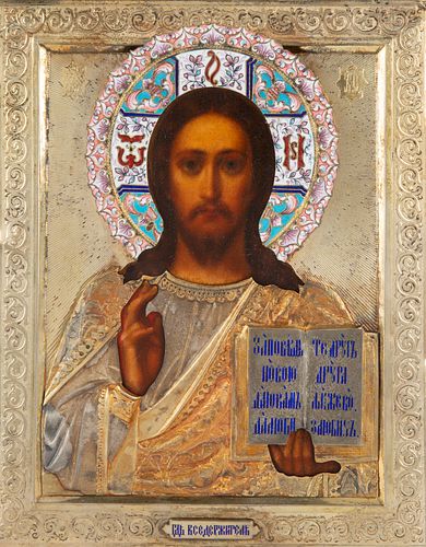 A RUSSIAN ICON OF CHRIST PANTOCRATOR WITH GILT SILVER, CLOISONNE AND CHAMPLEVE ENAMEL OKLAD, MOSCOW, 1899-1908