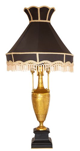  EGYPTIAN-REVIVAL GILT-BRONZE LAMP WITH BLACK SILK SHADE, 19TH CENTURY