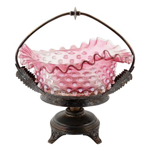 SILVER BRIDES BASKET WITH PINK CRYSTAL