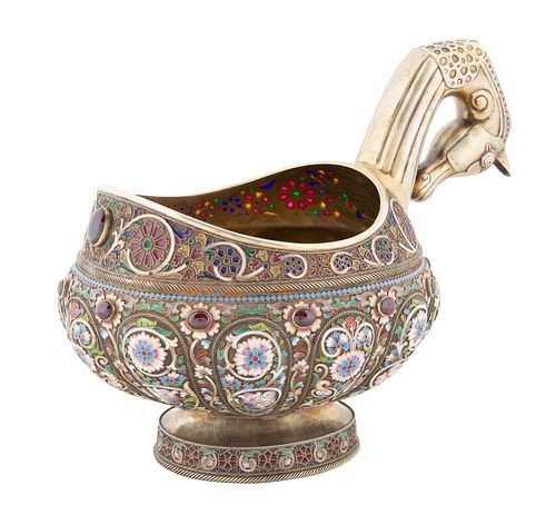 A RUSSIAN FABERGE-STYLE SILVER AND SHADED CLOISONNE ENAMEL KOVSH, LATE 20TH CENTURY