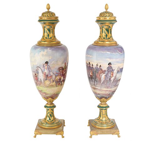 A PAIR OF MONUMENTAL NAPOLEONIC SEVRES STYLE VASES, LATE 19TH CENTURY