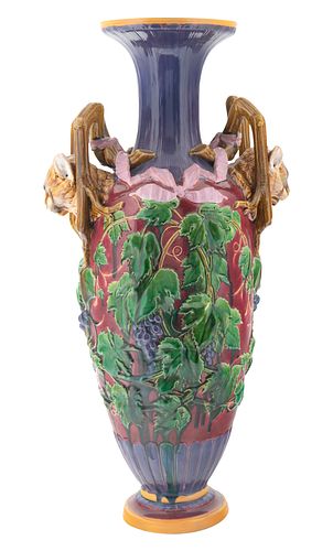 A LARGE 'CATS' HEAD' MAJOLICA VASE, MINTONS, STOKE-UPON-TRENT, CIRCA 1862