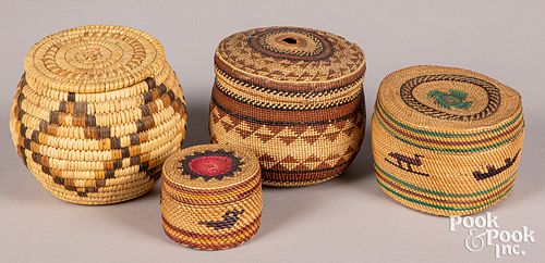 Four small Western Indian lidded baskets