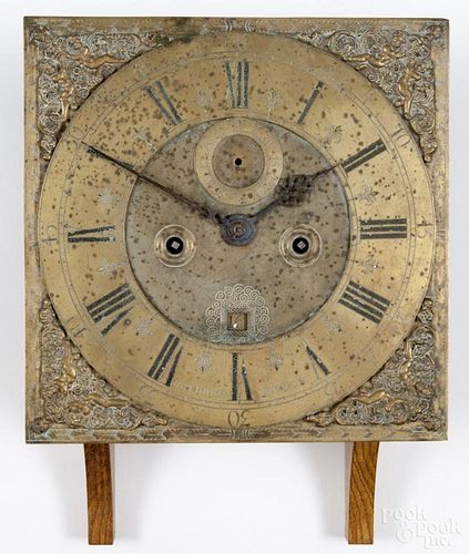 English eight-day tall clock works, 18th c., with a brass face, inscribed Iam Drury London, 12'' h.
