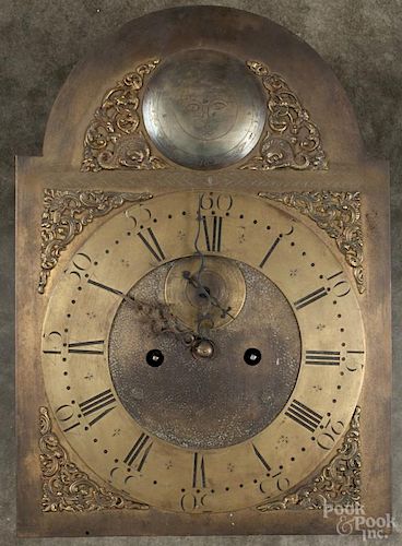 Eight-day tall clock works, late 18th c., with a brass face, 19'' h., 13 1/4'' w.