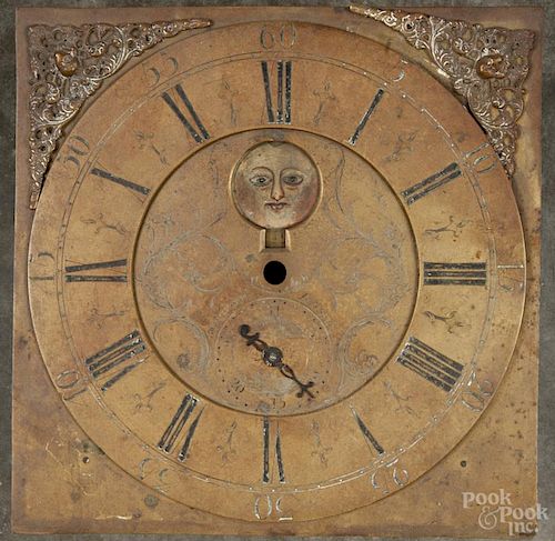 Thirty-hour tall clock works, 18th c., with a brass face, inscribed J. Whitworth Lussley