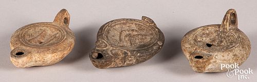 Three ancient Middle East clay oil lamps