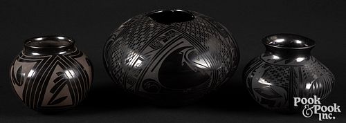 Three Mata Ortiz Mexican blackware pottery jars
