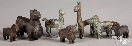 Six Peruvian bronze animals