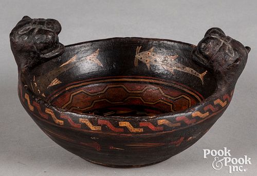 Peruvian Inca bowl, with figural Puma handles