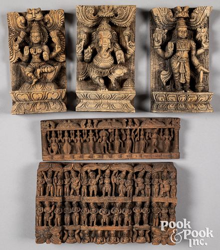 Six India carved religious panels