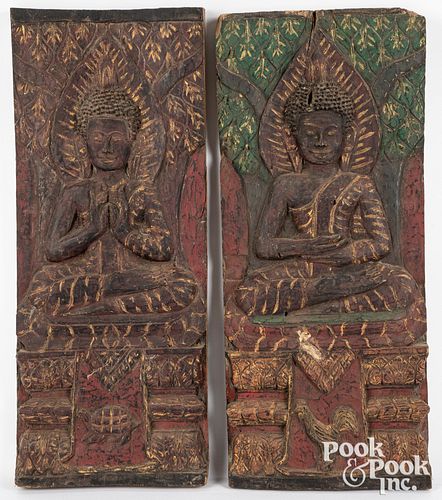 Two Myanmar carved and painted temple panels