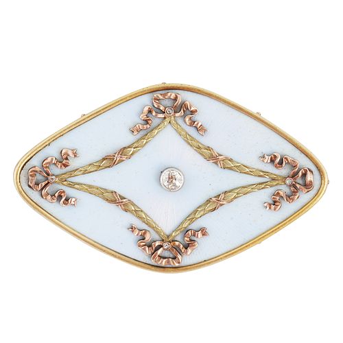 A FABERGE GOLD AND GUILLOCHE ENAMEL BROOCH, MOSCOW, 1899-1908