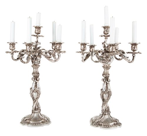 PAIR OF REGENCE-REVIVAL FIVE-ARMED SILVER-PATINATED CAST-BRONZE CANDELABRA, MID-19TH CENTURY