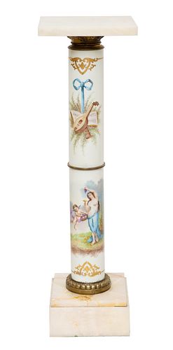 STONE AND ENAMEL PEDESTAL WITH ALLEGORICAL MUSICAL SCENES