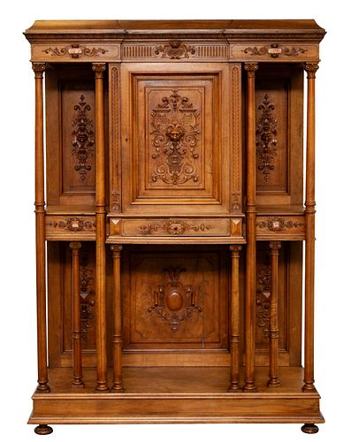 FRENCH RENAISSANCE-REVIVAL CARVED WALNUT MARBLE-INSET-RESERVE DISPLAY WALL CABINET, 19TH CENTURY