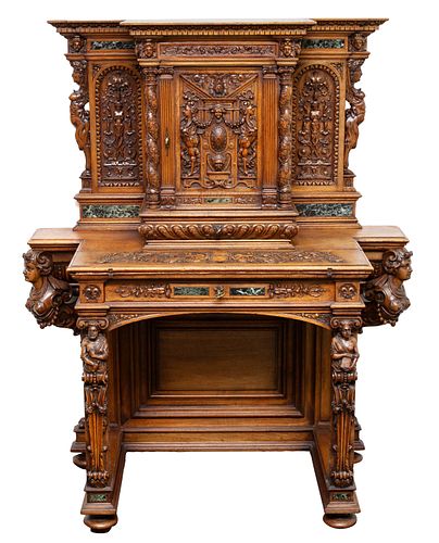 FRENCH RENAISSNACE-REVIVAL FIGURAL-CARVED WALNUT AND MARBLE INSET RESERVE SECRETARY CABINET, EARLY 19TH CENTURY