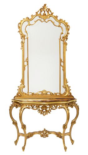 A FRENCH REGENCE-REVIVAL STYLE CONSOLE TABLE WITH PIER MIRROR, 19TH CENTURY