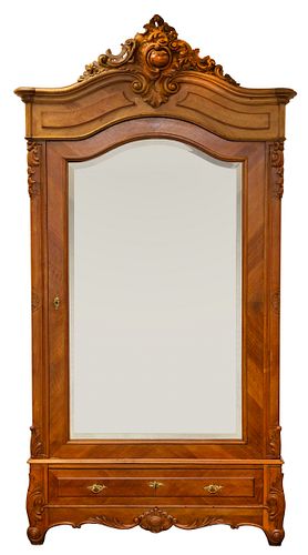 FRENCH REGENCE CARVED WALNUT OVERSIZED MIRRIORED SINGLE DOOR ARMOIRE, LATE 19TH CENTURY