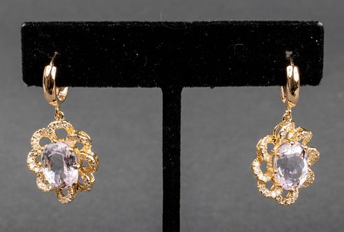 14K Yellow Gold Diamond & Kunzite Drop Earrings