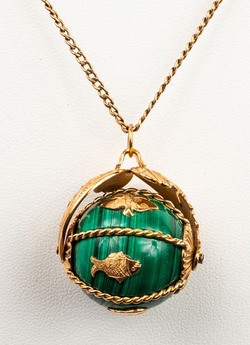 Antique 18K Gold Ornate Malachite Ball Pendant