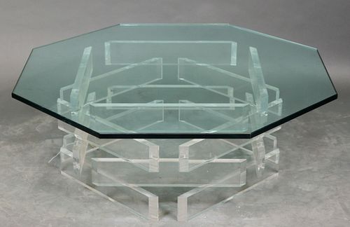 Modern Hexagonal Lucite & Glass Coffee Table