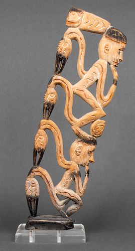 Tribal Figural & Bird Carved Wood Sculpture