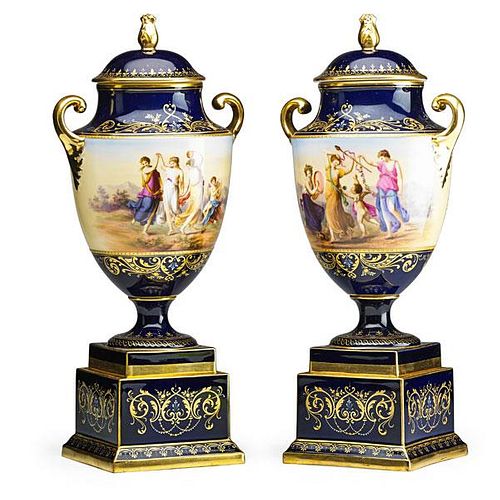 PAIR OF VIENNA PORCELAIN COVERED URNS