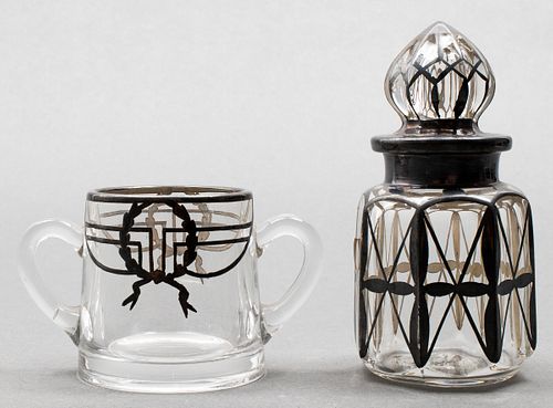 Art Deco Manner Glass Vessels w Silver Overlay, 2