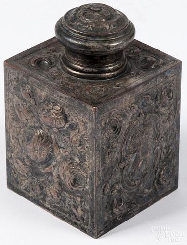 English silver-plated tea caddy, early 19th c., with relief floral decoration, 4 3/4'' h.