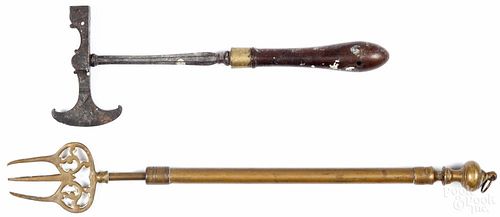 Iron box hammer, 19th c., together with a brass fork, 16'' l.