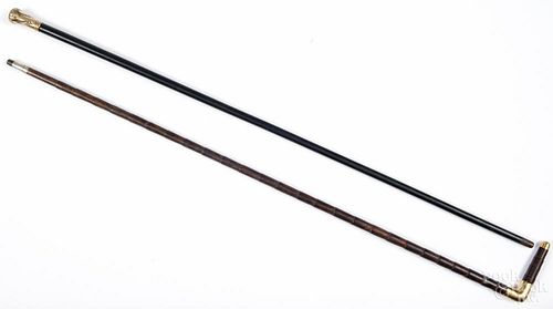 Two walking sticks, to include an 18K gold example, inscribed W. Lyman Biddle 1301 Walnut Street