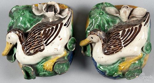 Pair of Chinese export pottery duck wall pockets, 6'' h.