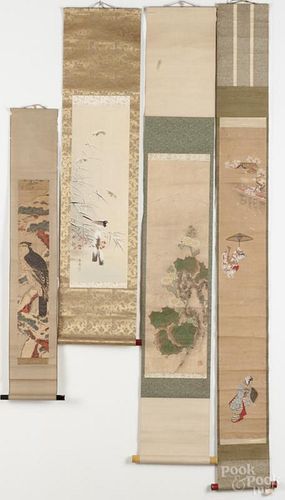 Five Japanese printed and painted scrolls, longest - 68''.