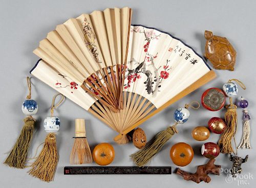 Assorted Asian objects, to include a tea whisk, two painted fans, a hardstone dish