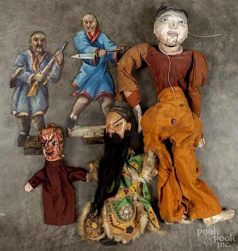 Antique Asian painted dolls, to include a painted wood female marionette, 27'' l.