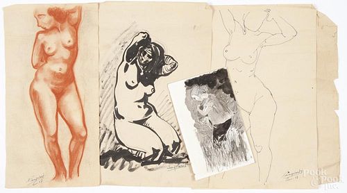 Three Xavier Longobardi (French, b. 1923), chalk and ink study of nudes, signed and two dated '47