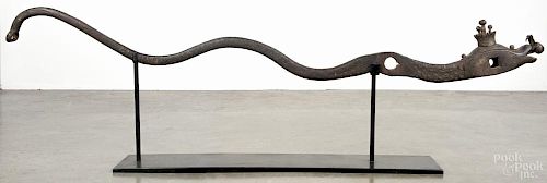 Early iron figural pump handle, likely German or Italian, in the form of a crowned serpent