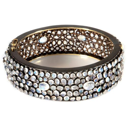 Moonstone, blackened silver, 14k gold bangle bracelet