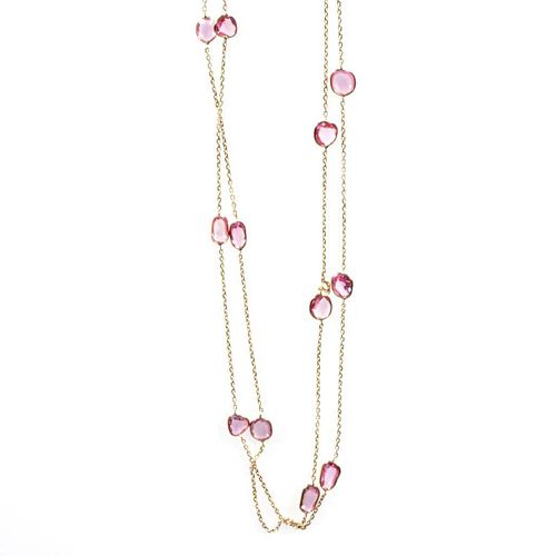 Pink sapphire and 14k gold station necklace